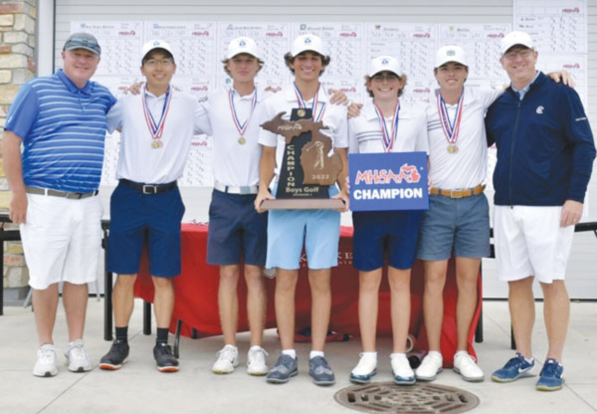  Detroit Catholic Central golf finished first in the Michigan High School Athletic Association Division I state finals June 11 at Ferris State University’s Katke Golf Course. Pictured from left are assistant coach Rick Williams, Neil Zhu, Matthew Mans, Peter Stassinopoulos, Julian Menser, Liam Casey and coach Mike Anderson. 
