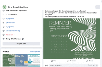  This screenshot shows one of the Facebook posts created by Caroline Parthum for Grosse Pointe Farms. 