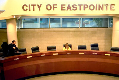  Eastpointe Mayor Monique Owens remains at the council table after other City Council members walked out of the meeting Tuesday, Sept. 6, in this image taken from the meeting’s recording on YouTube. City Councilman Cardi DeMonaco Jr. is getting ready to leave at the left. 