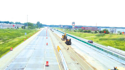  Construction is ongoing on Interstate 96, as seen here from the Wixom Road bridge on June 6. The freeway is now temporarily shifted to only two lanes in either direction on the westbound side of the highway. 
