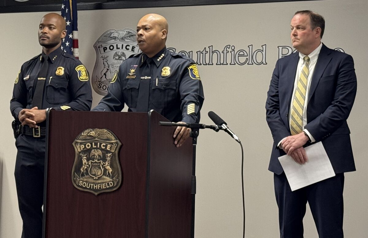  The Southfield Police Department held a press conference Feb. 19 to address the unsolved murder of Tyler Johnson, a teenager who was fatally shot last year. Pictured, from left, are Southfield Police Department Deputy Chief Aaron Huguley, Chief Elvin Barren and Oakland County Assistant Prosecutor Justin Davis. Barren urged four witnesses to come forward so that justice can be served. 