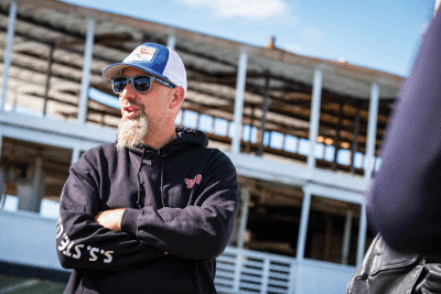  Restoration Project Manager Stephen Faraj talks on the dock near the S.S. Ste. Claire Sept. 23 at a marina in Detroit. Despite a fire on the ship in 2018, Faraj and his team have continued to make progress restoring it.  