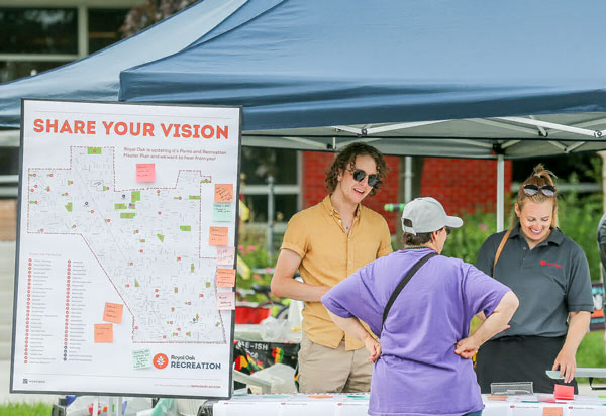  McKenna parks and recreation master plan team members Gage Belko, assistant planner, and Laura Haw, urban planner, collect public input during the Juneteenth celebration at Centennial Commons in downtown Royal Oak June 19. 