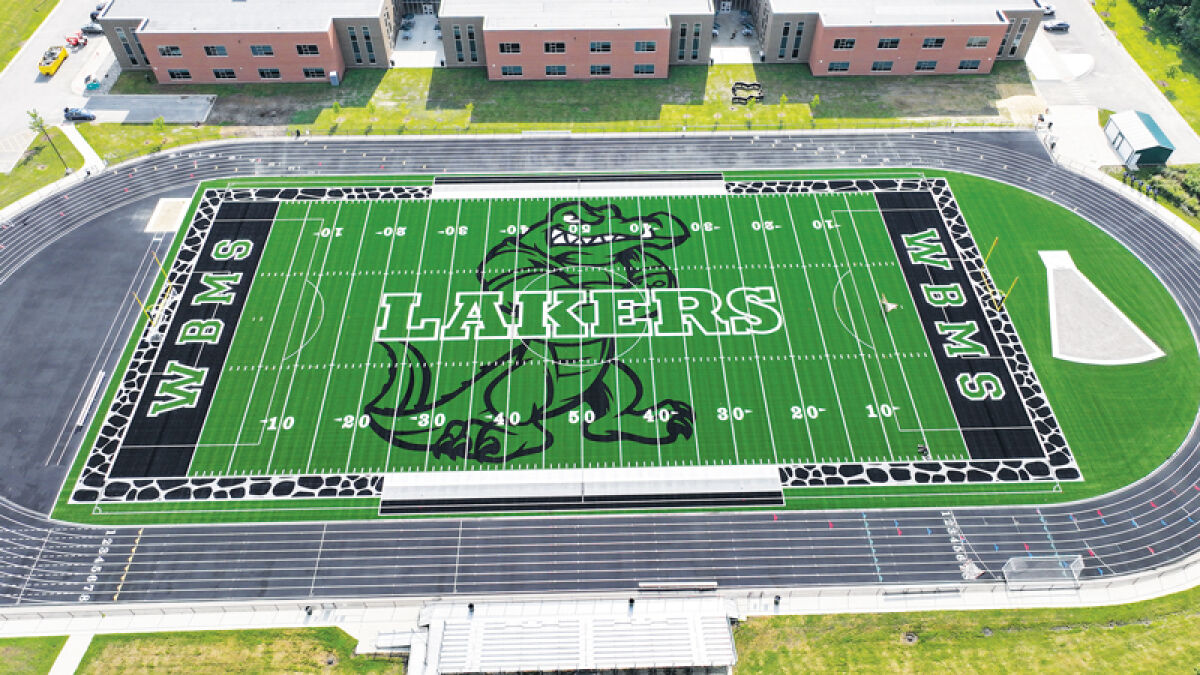  A view of the new football field at West Bloomfield Middle School. Installation was completed by Shaw Sports Turf last month. The field features design elements chosen by the students. 