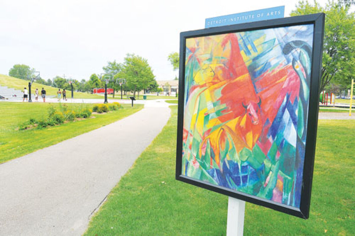  A replica of “Animals in a Landscape,” by Franz Marc, stands at Civic Center Park, one of nearly a dozen pieces from the Detroit Institute  of Arts currently on display at parks and other locations in Madison Heights. The displays are part of the DIA’s Inside/Out program. 