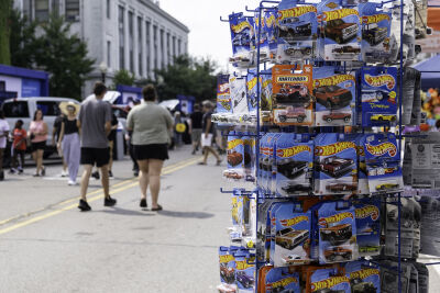 Hot Wheels toys are seen for sale at a vendor booth in Mustang Alley during the Woodward Dream Cruise. 