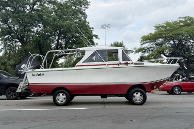 This “Sea-burban” flies the Jolly Roger on Woodward.