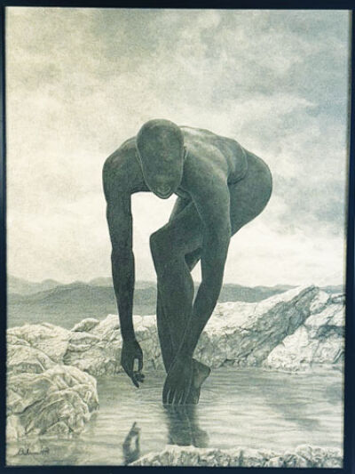  “Man: First Reflection,” by Keven Bahoora, shows a man staring at his own reflection and is made of sand and dirt.  