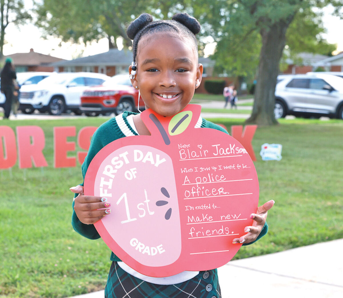  Six-year-old Blair Jackson, of Eastpointe, is ready for her first day of first grade at Forest Park Elementary in Eastpointe Community Schools Aug. 25. 
