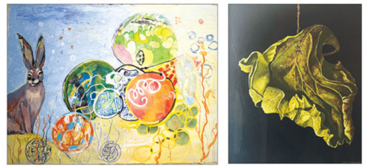  LEFT: The  Birmingham Society of Women Painters presents “Explorations” at the BBAC, featuring  many pieces by local artists, including Loretta Markell’s “Cosmic Rabbit. RIGHT: Patty Eisenbraun’s piece  titled “Ageless” is in the Birmingham Society of Women Painters exhibit at the BBAC.  