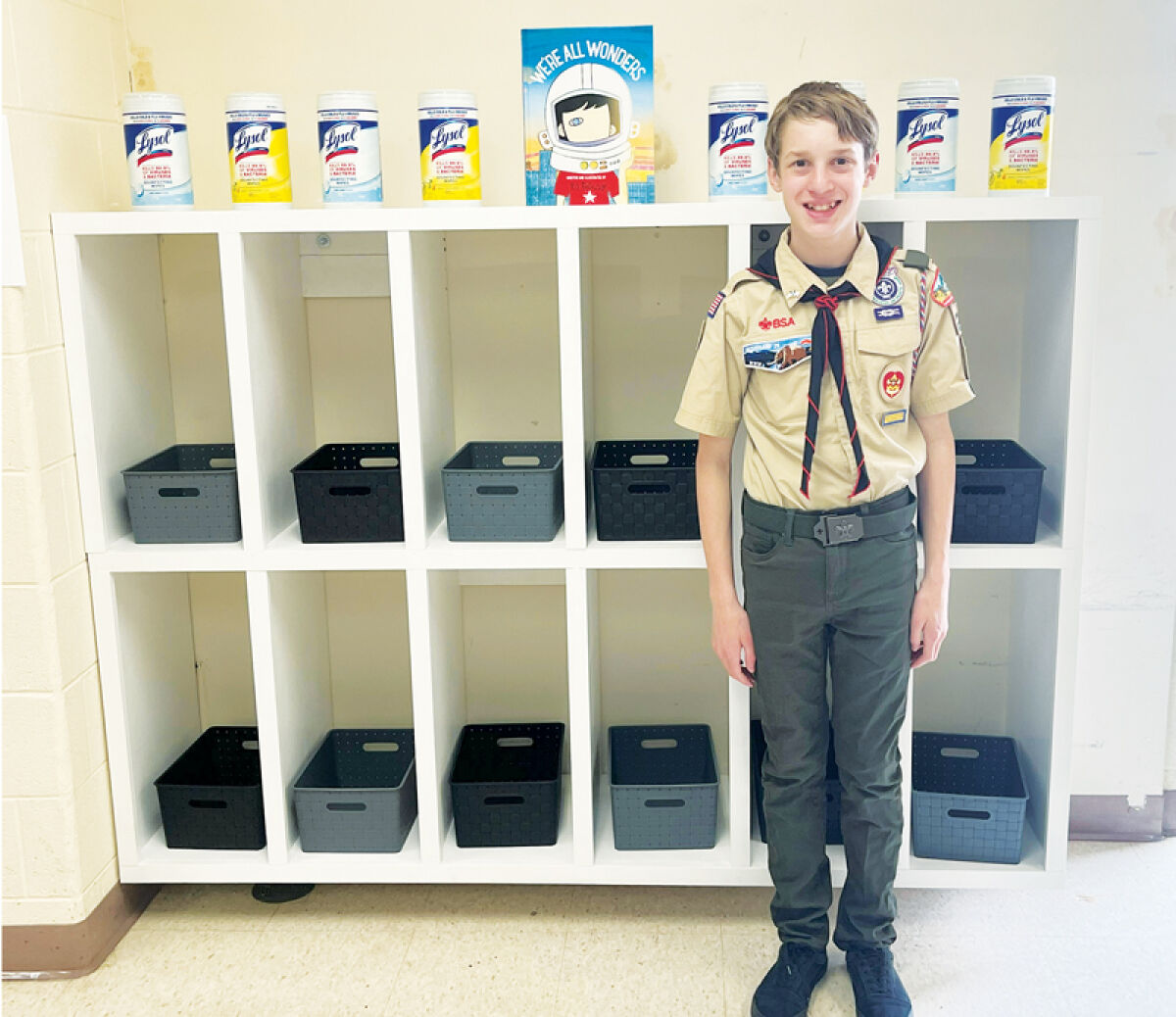  Matthew Majchrzak Jr., 14, stands by storage cubbies he built for his Eagle Scout project. 