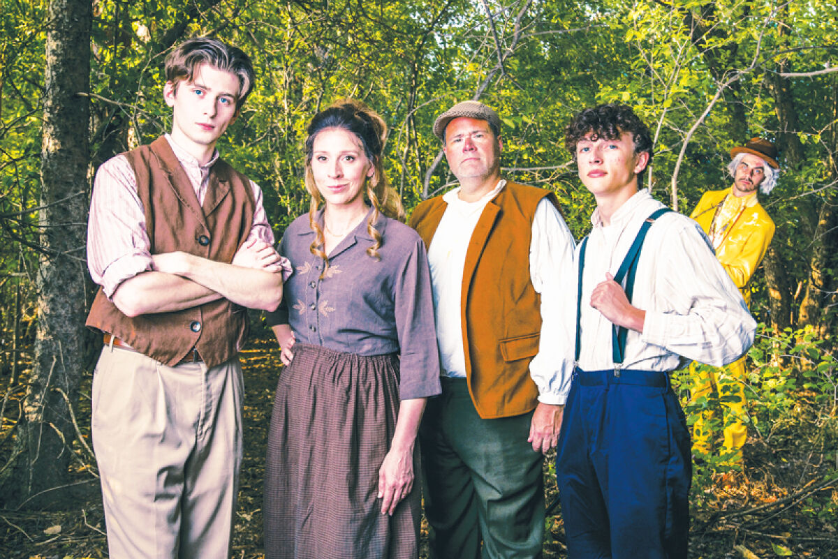  Nick Cupelli plays Miles Tuck; Johannah Steinbrecher-Booker plays Mae Tuck; Kent Straith plays Angus Tuck, AJ Denomme plays Jesse Tuck and Quinn Costello plays the Man in the Yellow Suit in Stagecrafters’ production of “Tuck Everlasting” the musical. 