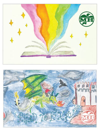  For a library card design contest at the Madison Heights Public Library, Chloe Brown, 14, illustrated a rainbow spilling forth from the pages of a book, while Lillionna Louwers, 13, drew a girl riding a dragon through stormy skies. 