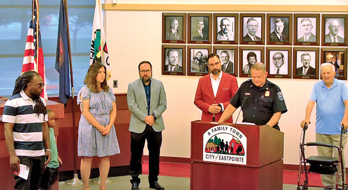  Last month, Eastpointe Police Chief Corey Haines presented Devonte Pace, at the far left, with the Police Citizen’s Award for his role in trying to stop the stabbing of Jennifer Harris at McDonald’s in July. 