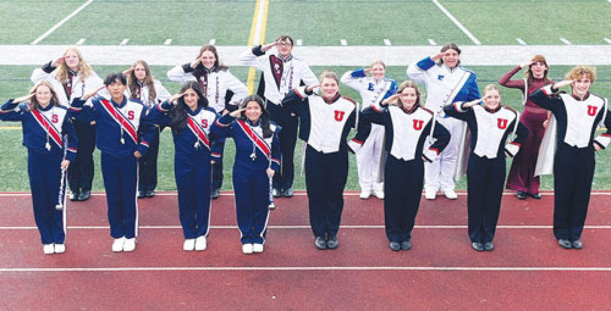  Leaders of the four Utica Community Schools marching bands pose for a photo to promote the upcoming Band-A-Rama on  Oct. 5. In the front row, from left, are Emily Dennis, Keith Chong, Samantha Sayegh and Chlouie Canup of the Titan Marching Band; and Madelynne Gabridge, Sophie Bowers, Jade Burnham and Nathan Siegert of the Chieftain Marching Band. In the  back row, from left, are Mary Wawrzyniak, Mikayla Dempsey, Leah Boettner and Adam Harrington of the Falcon Marching Band; and Lauren Conley, Isabella Mammou and Madison Mazzola of the Eagle Marching Band.  