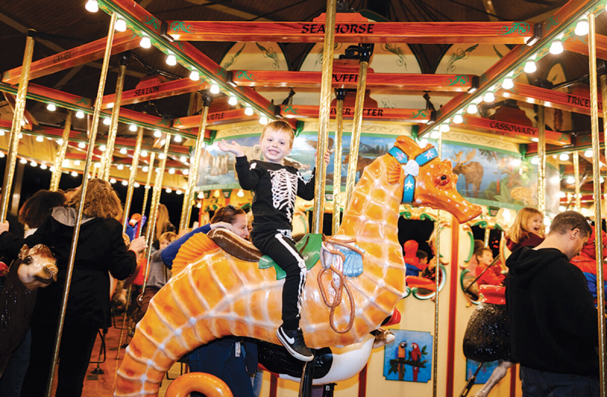  A young boy dressed as a skeleton rides the carousel during a previous Zoo Boo at the Detroit Zoo. 