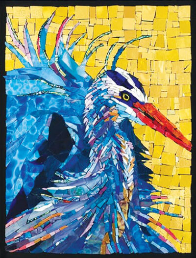  A colorful mosaic of a bird that Sider made called “Crazy Hair Day” hangs alongside two other pieces of art she made for ArtPrize.  