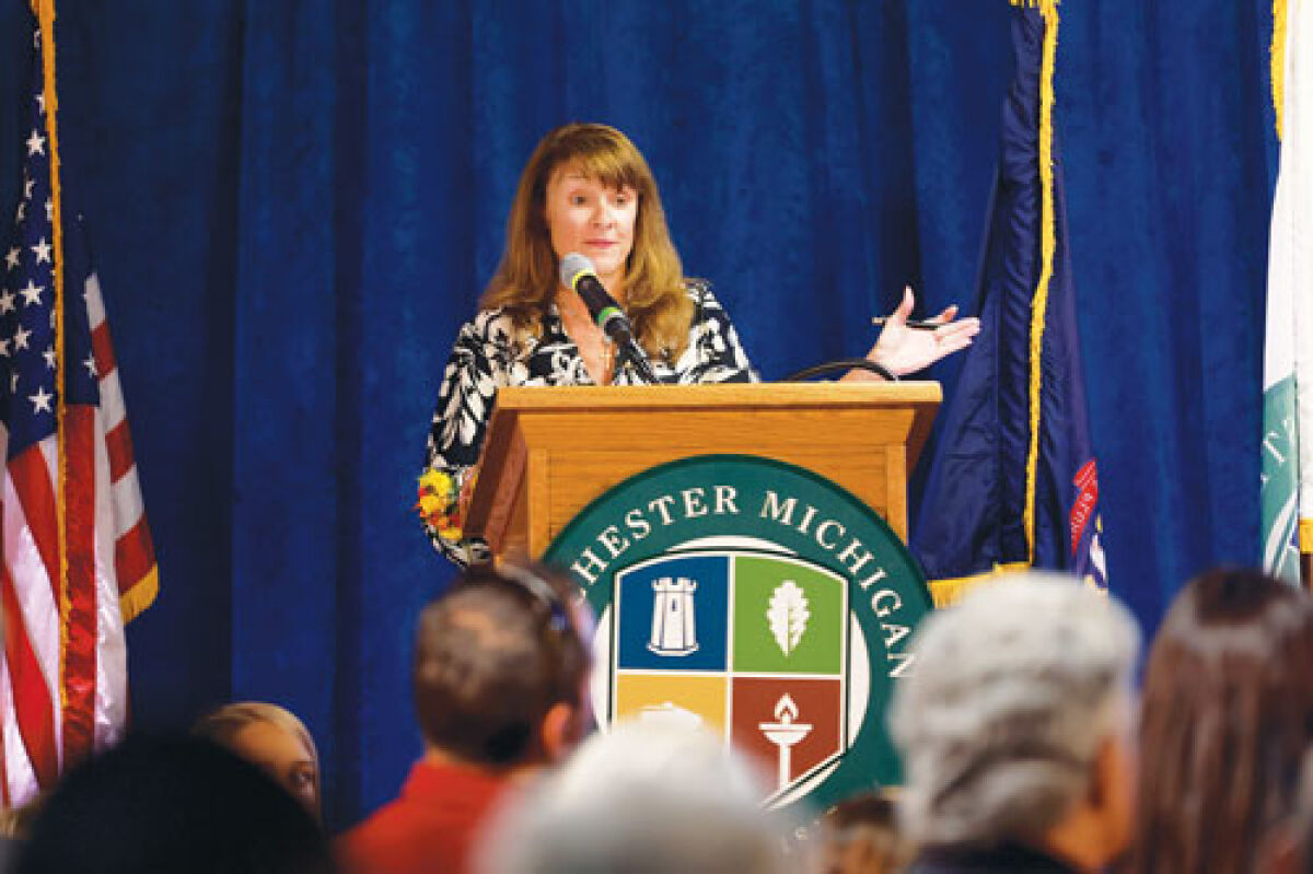  Rochester Mayor Nancy Salvia delivers the 2025 State of the City address at the Rochester Community House Sept. 15. 