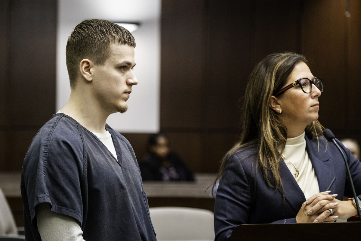  Tyler Fistler, left, stands at the podium next to his attorney, Mariell Lehman, during his sentencing on Thursday, Oct. 2, 2025, in the 16th Circuit Court in Mount Clemens. 