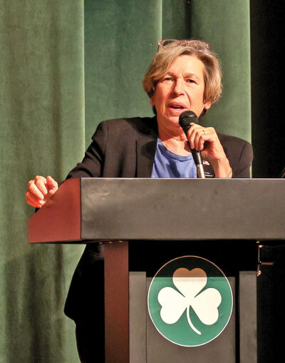  Randi Weingarten, president of the American Federation of Teachers, encourages the educators in the audience at Eastpointe High School Sept. 29 to continue being creative despite the challenges they face every day. 