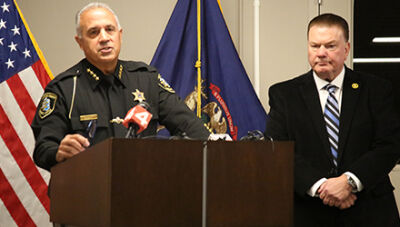  Macomb County Sheriff Anthony Wickersham speaks about the investigation into a shooting in Macomb Township during a press conference Oct. 22 at the Macomb County Jail, flanked by Macomb County Prosecutor Peter Lucido. 