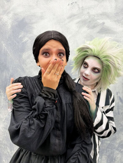  Because Warren Civic Theatre’s “Beetlejuice Jr.” cast was so large, the main characters were split into two different productions. Kaylee Derderian as Lydia Deetz, left, and Nolan Rice as Beetlejuice, right, were cast in the “Sandworm” cast, set to perform at 7 p.m. Nov. 8 and at 3 p.m. Nov. 9. The ensemble is the same for all shows. 