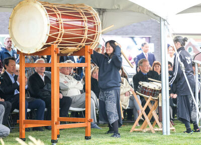  Taiko drummers perform after the dedication of the Sakura garden. 