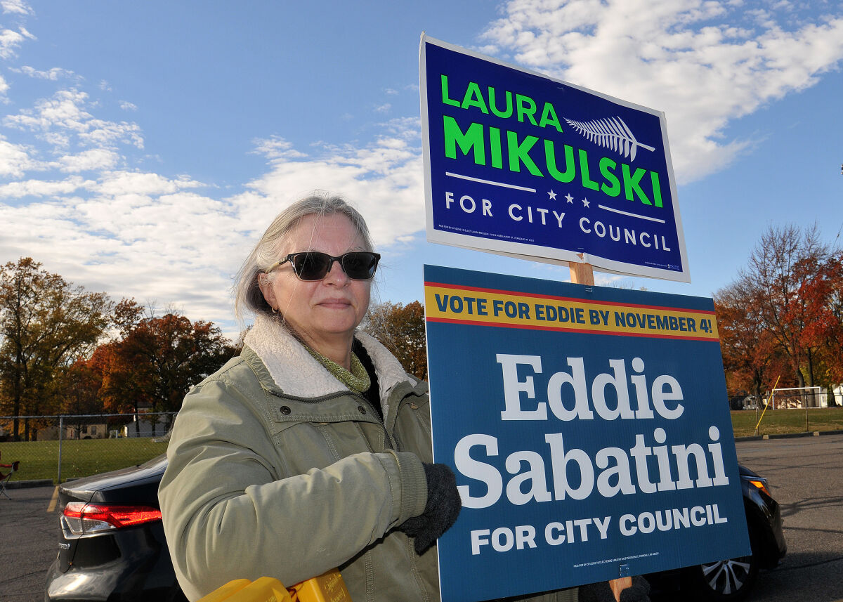  JoAnna Prudden campaigns outside Ferndale’s sixth voting precinct at the Ferndale Free Methodist Church Nov. 4. 