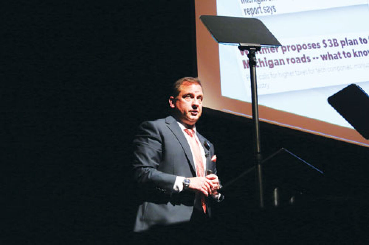  Clinton Township Supervisor Paul Gieleghem highlights road funding during the 2025 State of Clinton Township address at Clintondale High School on Oct. 23. 