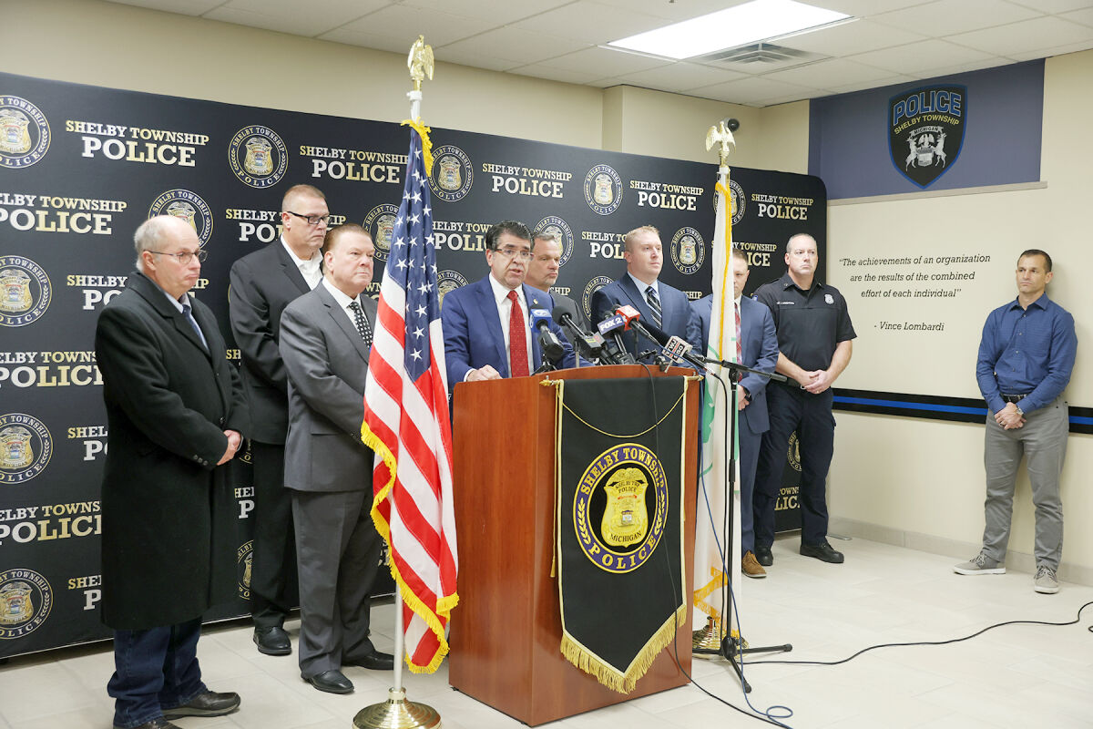  Officials hold a press conference Nov. 11 at the Shelby Township Police Department to discuss the investigation of a Nov. 7 double homicide that has resulted in a 46-year-old Texas man facing first-degree murder charges. 