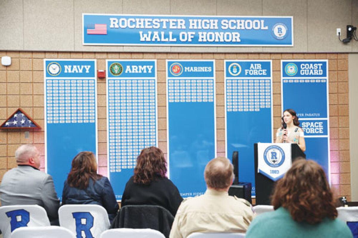  The Girls Scouts of America Gold Award was given to Rochester High School senior Audrey Henckel, who worked with building administrators to create a Veterans Wall of Honor at the school. The Rochester High School Wall of Honor, which was unveiled on Veterans Day Nov. 11, includes the names of RHS graduates and faculty who have served in the U.S. Armed Forces. 
