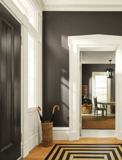 “Silhouette,” Benjamin Moore’s 2026 color of the year, adorns the walls of this home. 