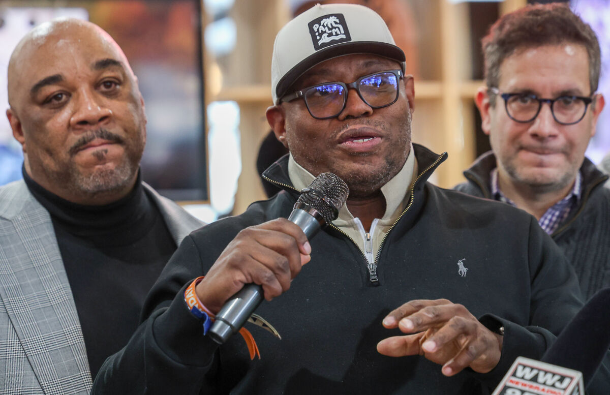  Joe Louis Barrow Jr. speaks to the crowd at the grand opening of the Southfield location of Joe Louis Southern Kitchen on Dec. 9. 