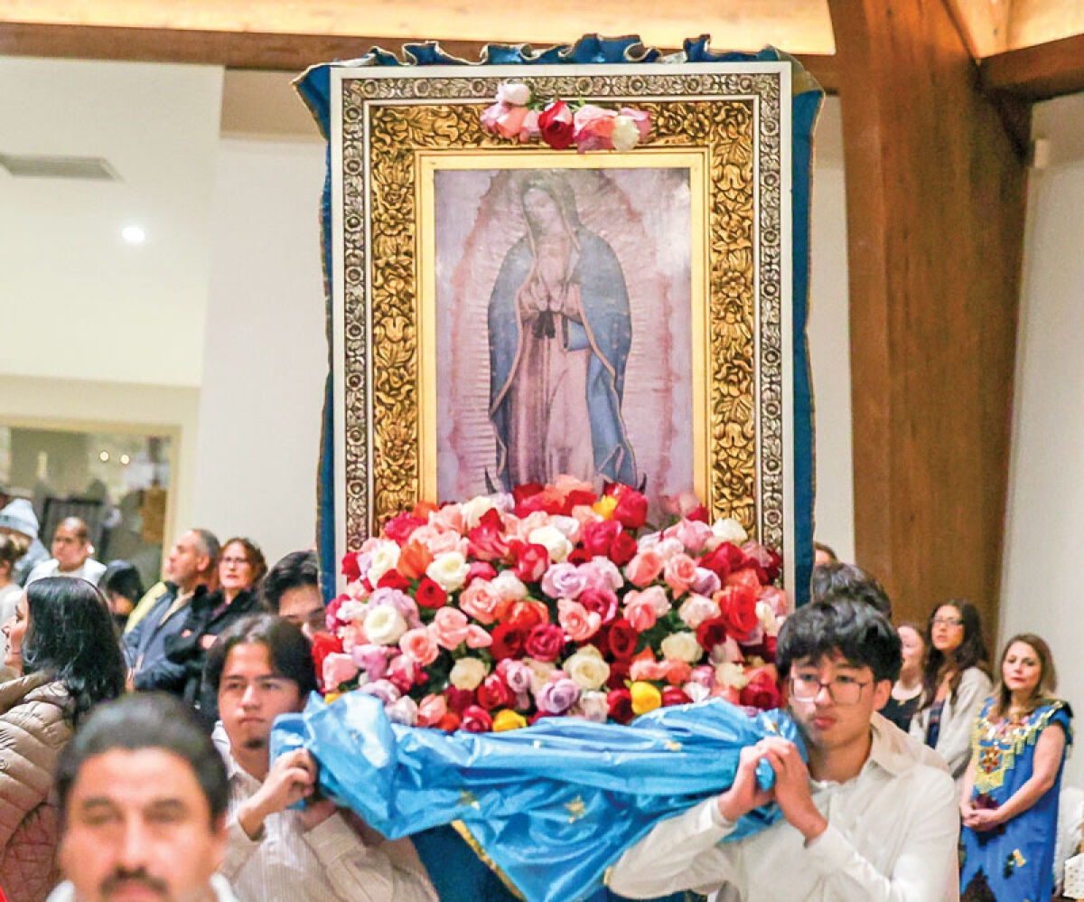  Young men parade a shrine dedicated to Our Lady of Guadalupe outfitted with vibrant roses throughout the Catholic Church of the Holy Family in Novi Dec. 12. 