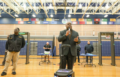  Southfield Public Schools Chief of Staff James Jackson addresses students about the new metal detectors during an assembly Dec. 17. The metal detectors will be in place when students come back from winter break. 