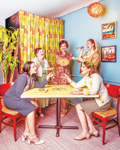  Jennifer Newton portrays Dale Prist, Andrea Crowe portrays Ginny Cadbury, Alexa Carollo portrays Lulie Stanwyck, Liz Schultz portrays Veronica “Vern” Schultz and Rachel Biber portrays Wren Robin in the Stagecrafters production of “5 Lesbians Eating a Quiche” Jan. 16-25 at the Baldwin Theatre. 