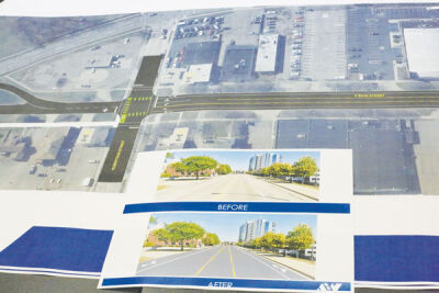  Concept renderings show South Main Street’s intersection with Roberston Street, comparing the two-lane road diet to the current four-lane construction of the road. 