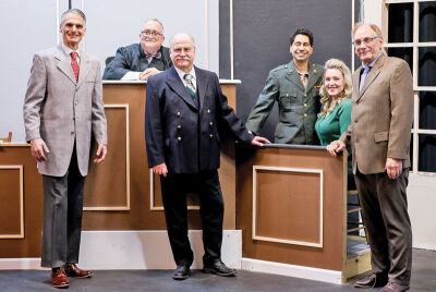  From left, Tom Rega plays Mitch Lodwick, Phil Potter plays Judge Weaver, Dennis Moylan plays Claude Dancer, Mark Palise plays Lt. Frederick Manion, Emily Polet-Monterosso plays Laura Manion, and Greg Bowman plays Paul Biegler. 