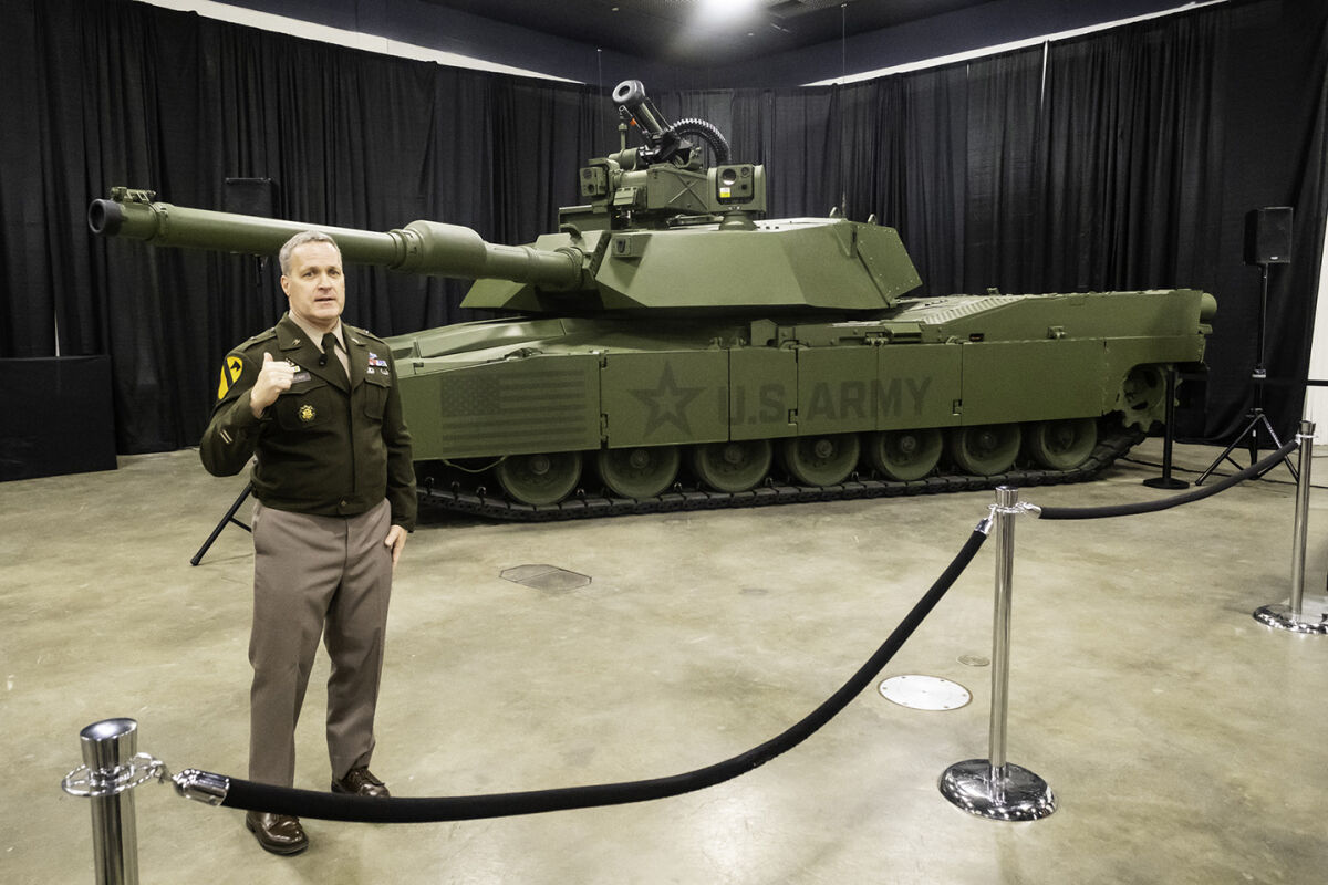  U.S. Army Brig. Gen. Troy Denomy talks about the M1E3 tank prototype during a presentation Thursday, Jan. 15, 2025, at the Detroit Auto Show. 